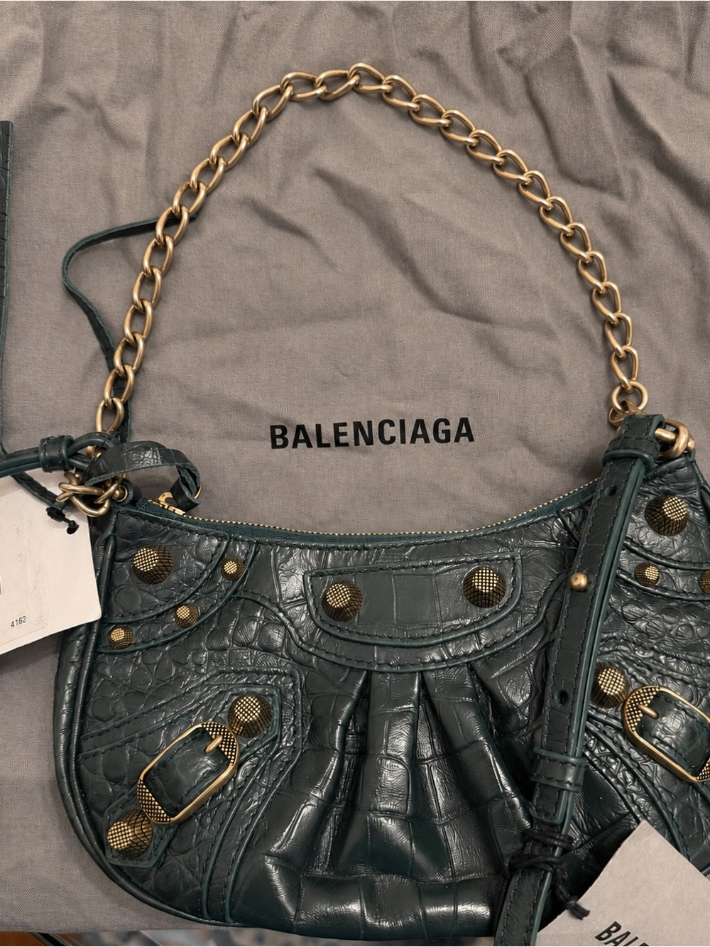 Balenciaga Dark Green Croc-Embossed Leather Shoulder Bag with Gold Hardware - Picture 3 of 3